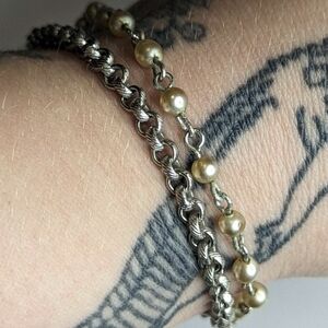 Vintage Double Stranded Golden Faux Pearl Bead Chain Bracelet Silver Tone Metal